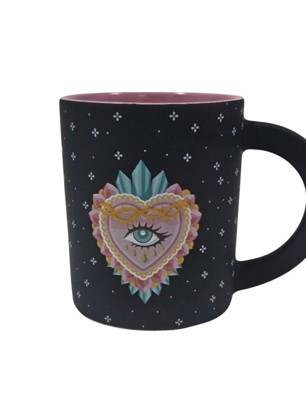 Mystic Heart Eye Pattern Black Ceramic Mug - Pink Interior